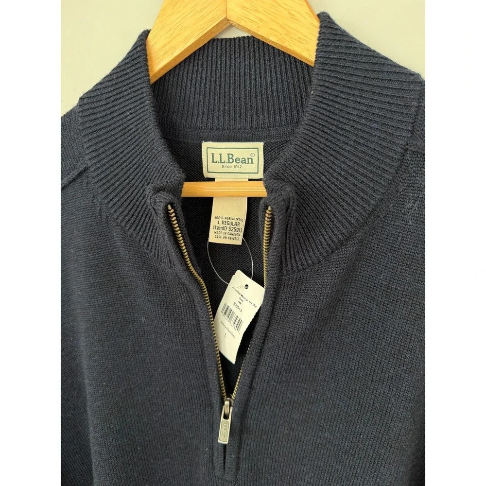 LL Bean‎ Mens Essential Merino 1/4 Zip Sweater Navy Heather Wool L 525913